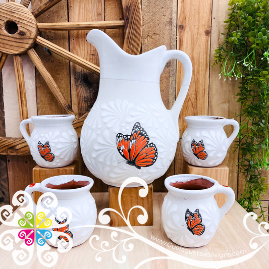 Mariposa Monarca White Espiga Pato Pitcher Set - 4 Mugs