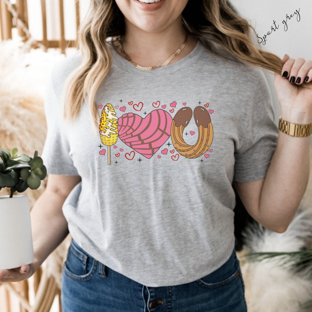 I love you shirt with elote, concha y churro. Mexican Unisex Heavy Cotton Tee. Mexican Valentines Day. Pan dulce shirt.