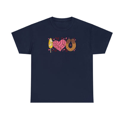 I love you shirt with elote, concha y churro. Mexican Unisex Heavy Cotton Tee. Mexican Valentines Day. Pan dulce shirt.