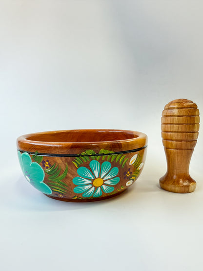 Mexican Hand painted Wooden Mortar And Pestle - Molcajete Parota