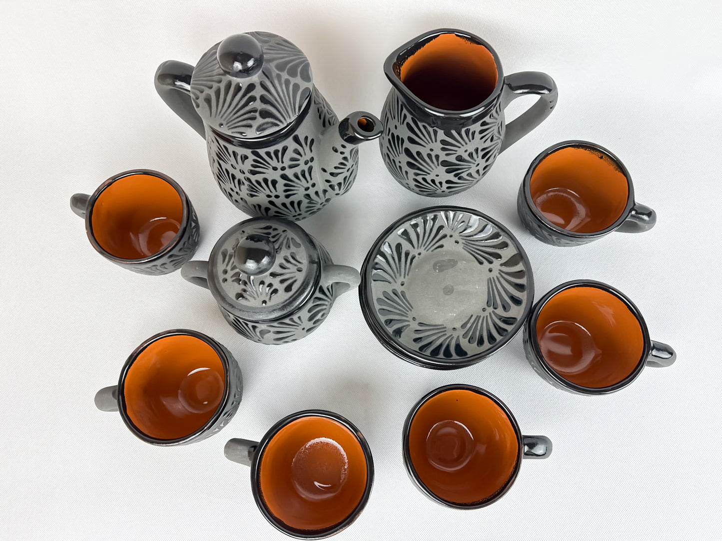 Mexican Black Talavera Style Tea Set Set 15pc Juego de Te