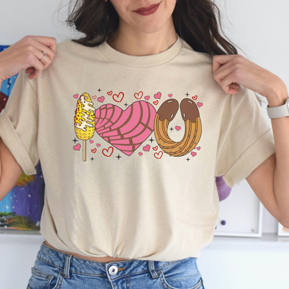 I love you shirt with elote, concha y churro. Mexican Unisex Heavy Cotton Tee. Mexican Valentines Day. Pan dulce shirt.