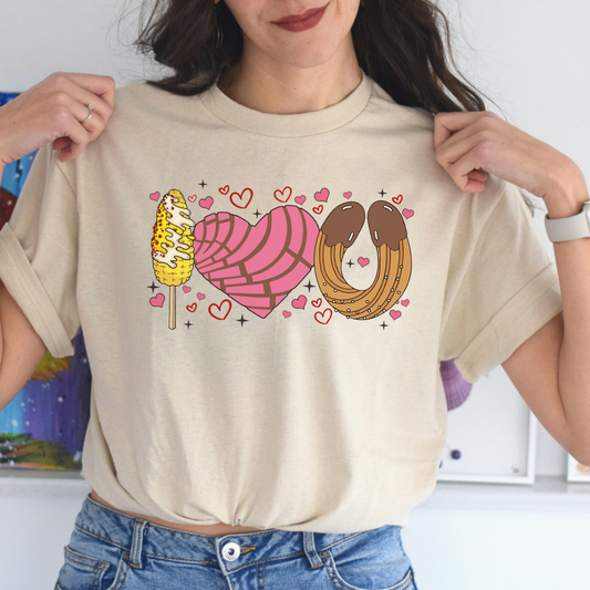 I love you shirt with elote, concha y churro. Mexican Unisex Heavy Cotton Tee. Mexican Valentines Day. Pan dulce shirt.