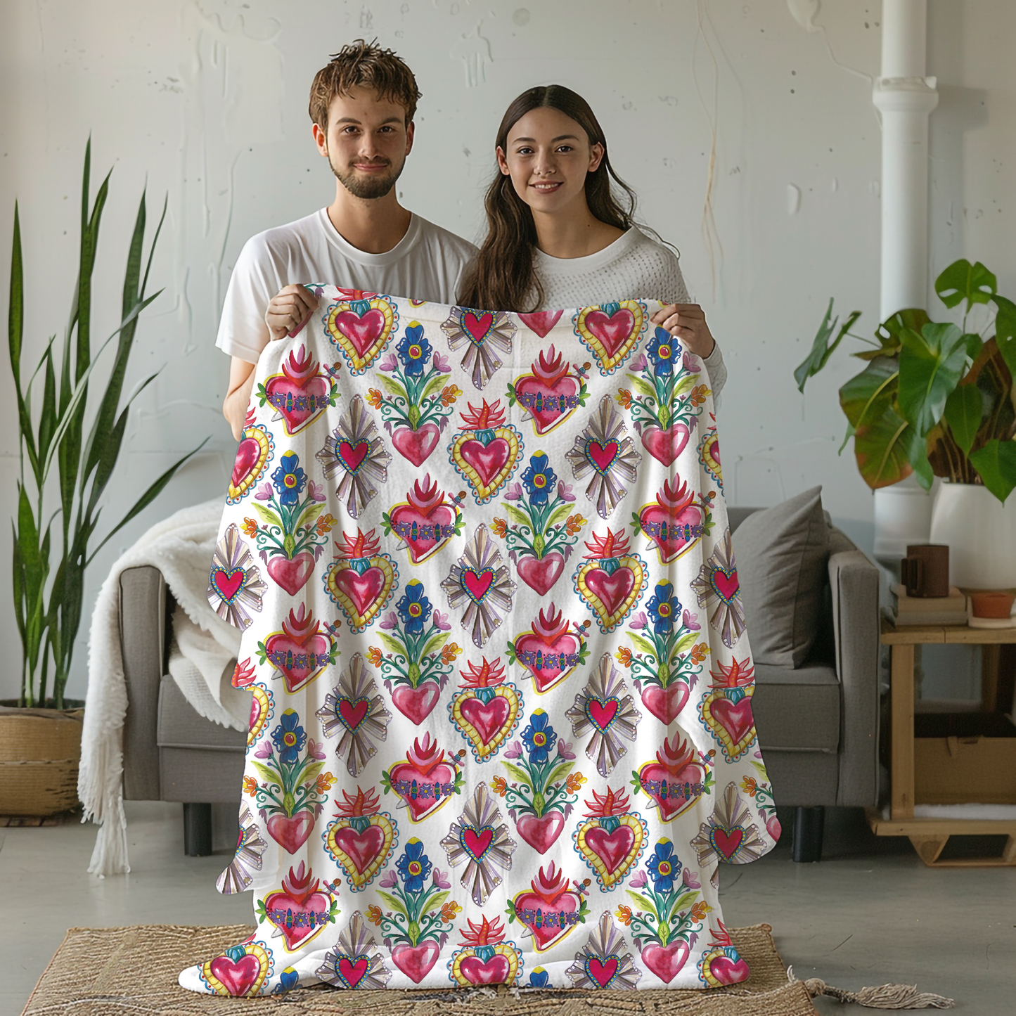 Sacred Hearts Printed Throw Blanket -  Cobija Corazones