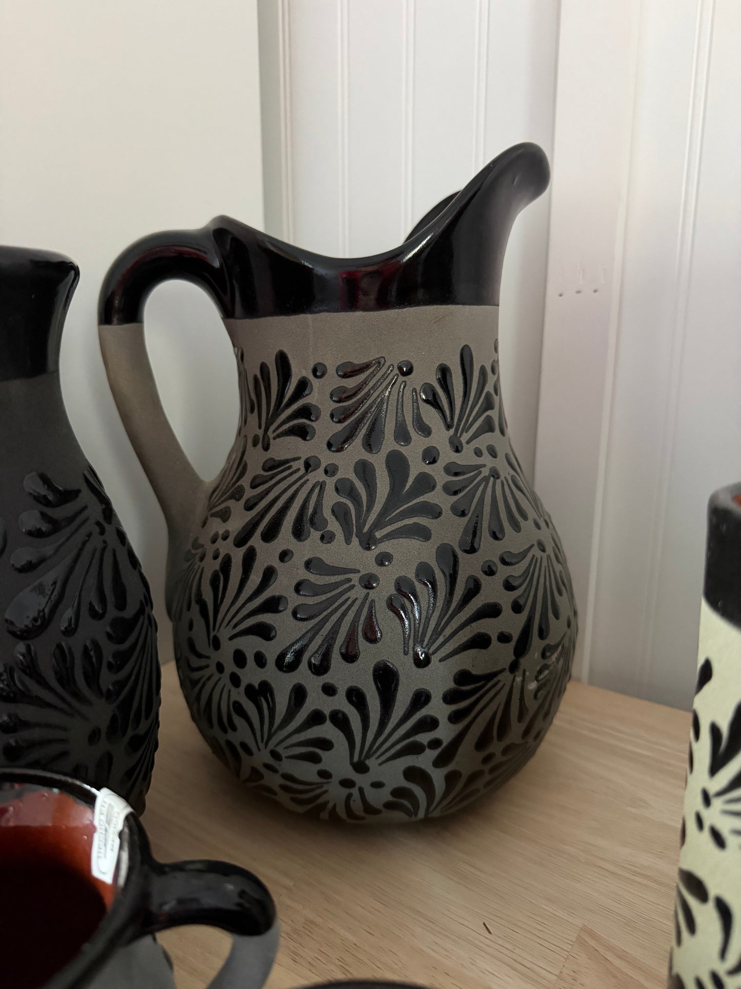 Talavera Style Black Hand-Painted Pitcher - Jarra Negra Barro