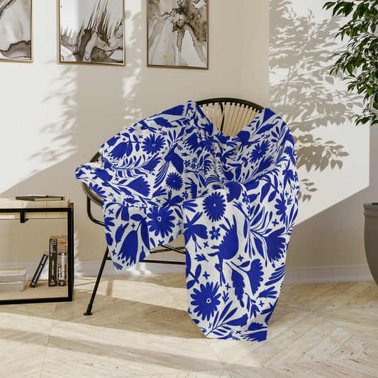 Blue and white Otomi soft blanket for Mexican home decor