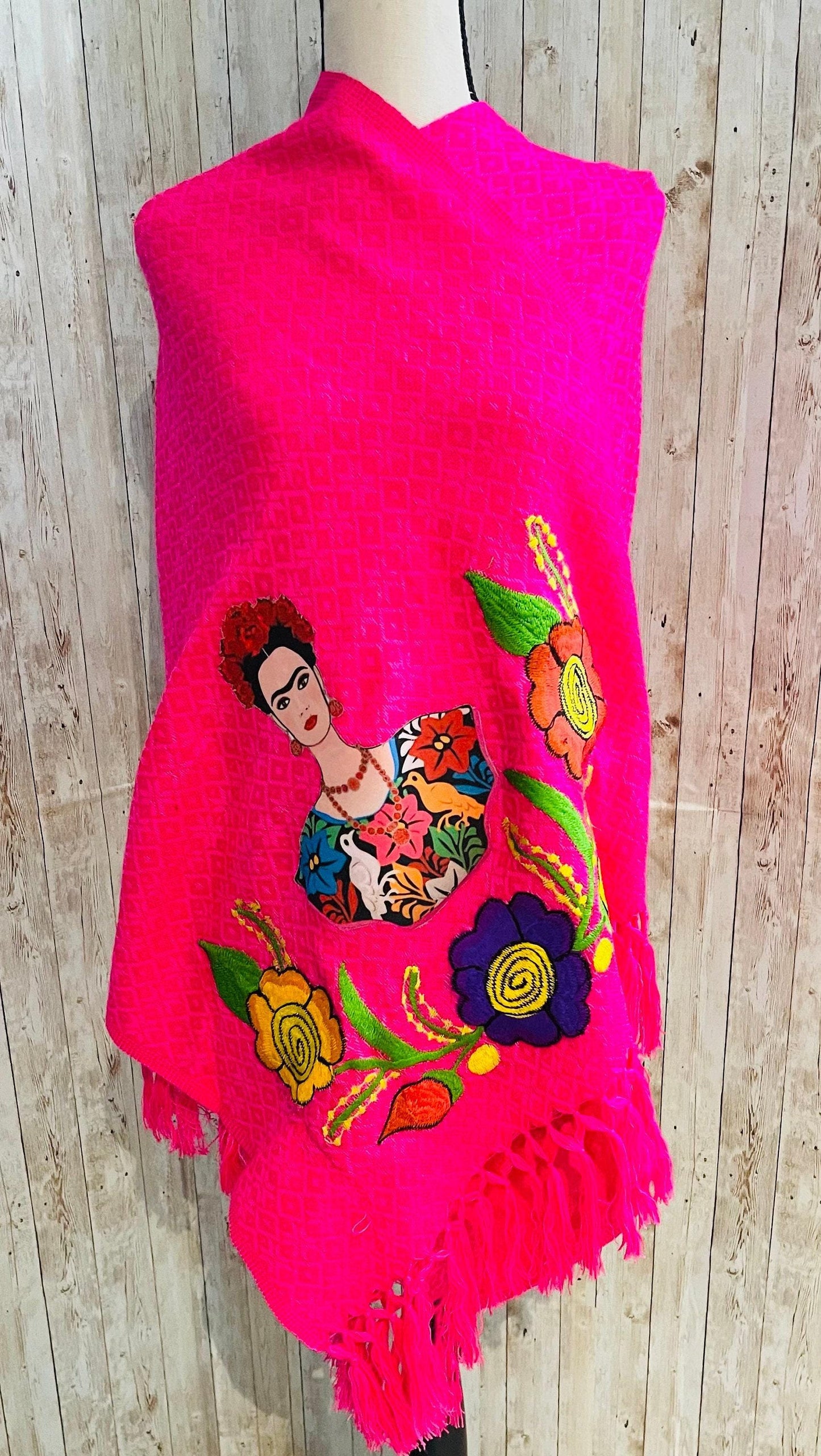 Hot Pink Frida Kahlo Embroidered Shawl - Rebosos Bordado
