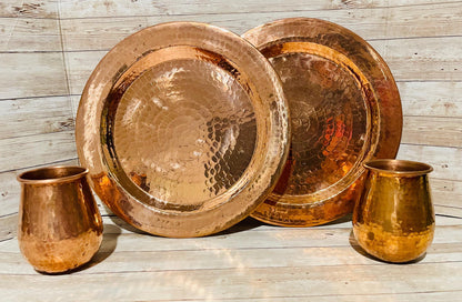 Mexican Copper Plates and Cups 4pc Set - Set Platos Vasos Cobre