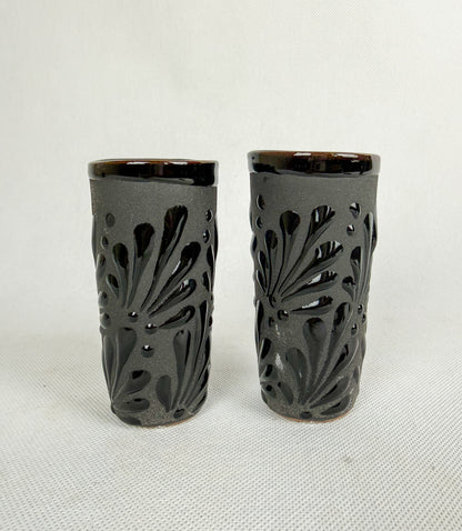 Talavera Style Black Tequila Shot Glass 4Pc - Set Tequileros