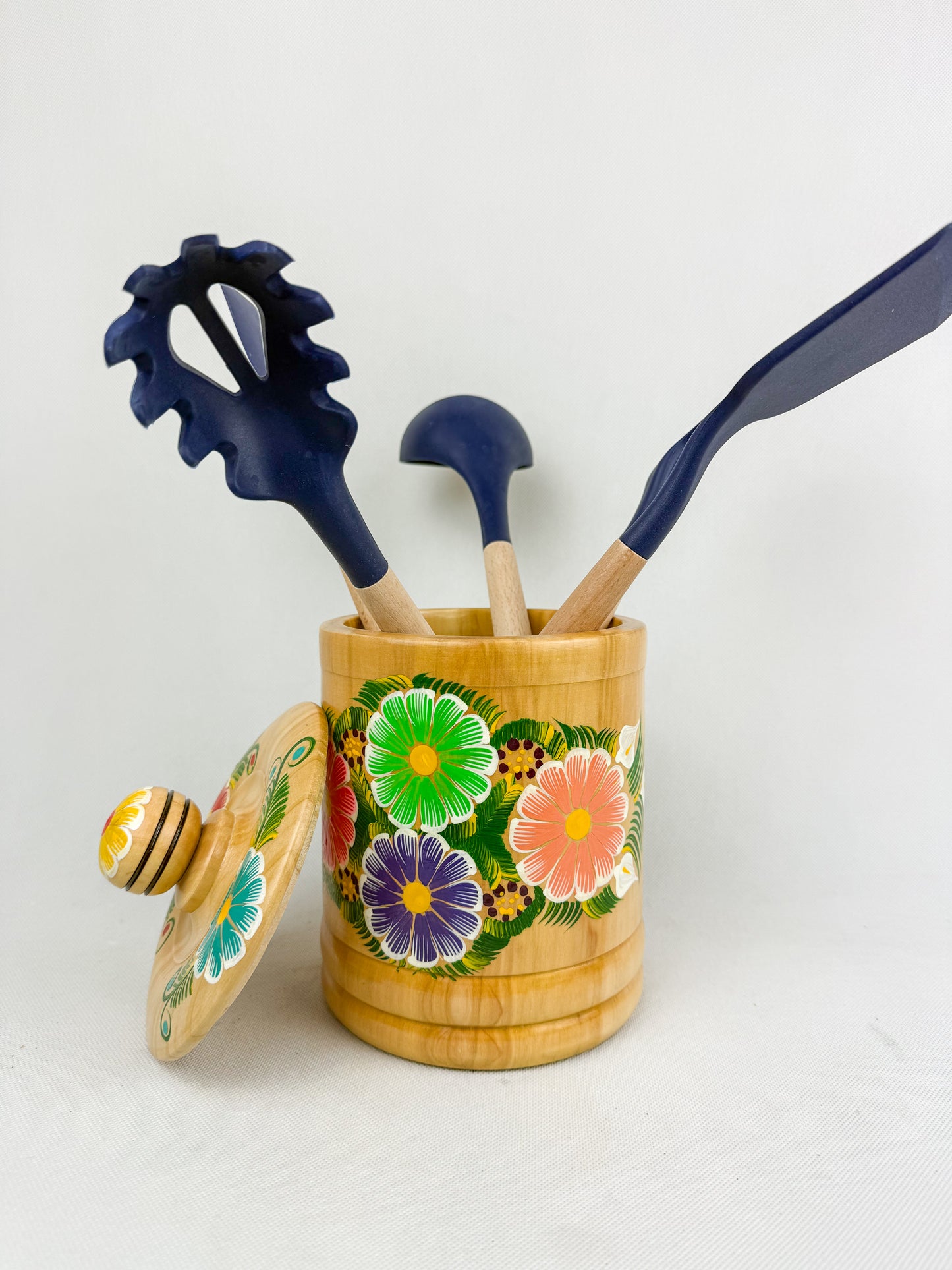Mexican Hand Painted Wood Canister - Azucarera Parota