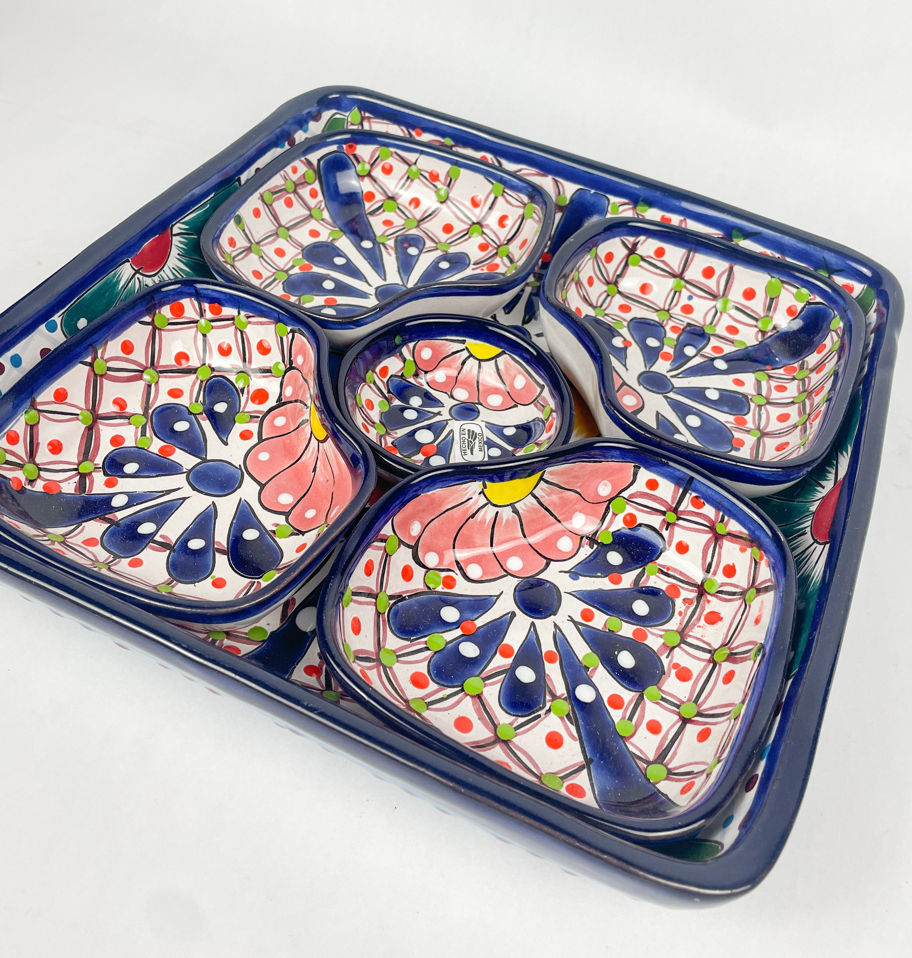 Selling Talavera Appetizer Tray Folk Art Pottery 7Pc Handcrafted in Mexico 12.5