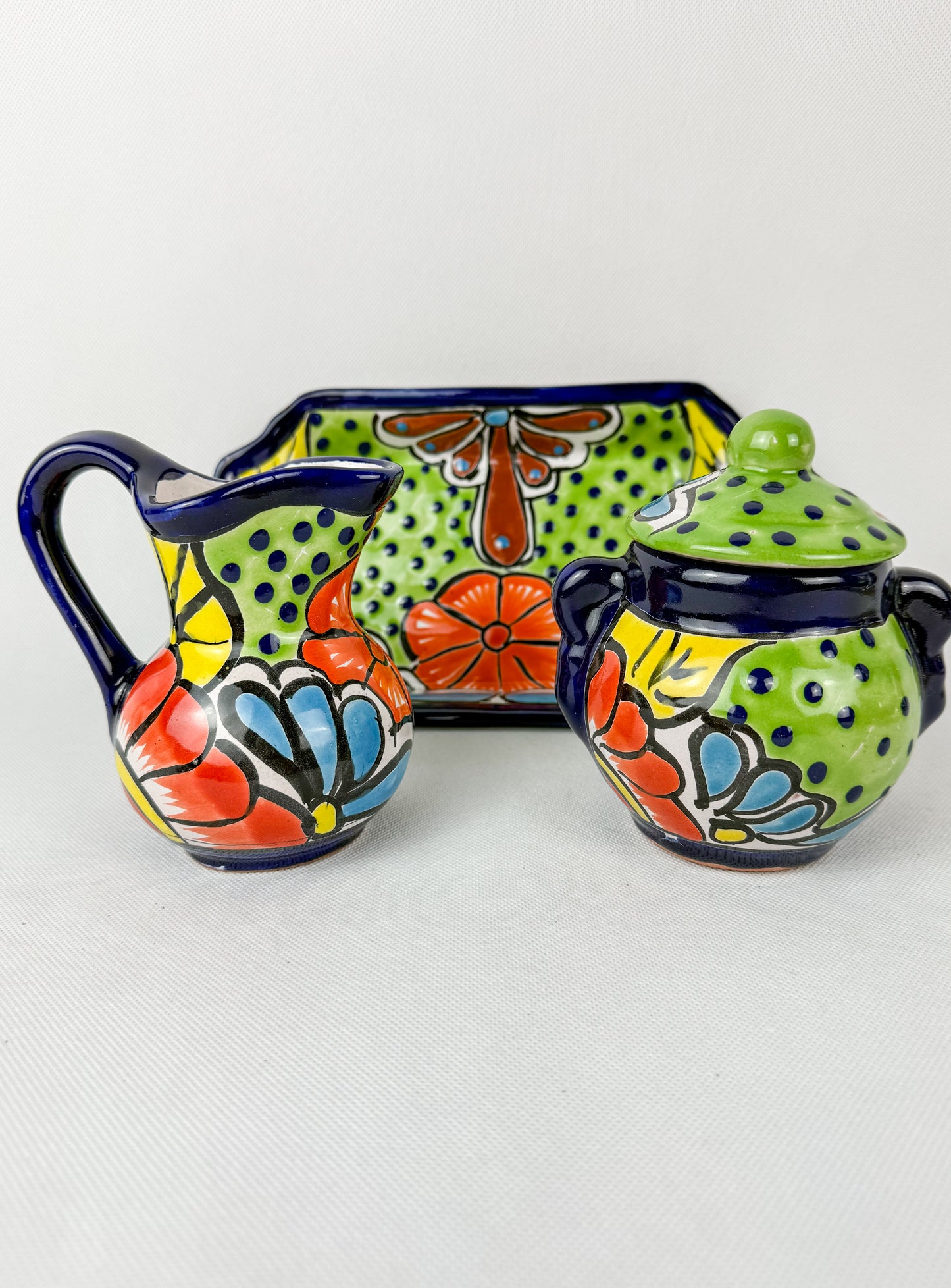 Mexican Talavera Coffee Sugar and Creamer Set With Serving Tray 3 Piece Set