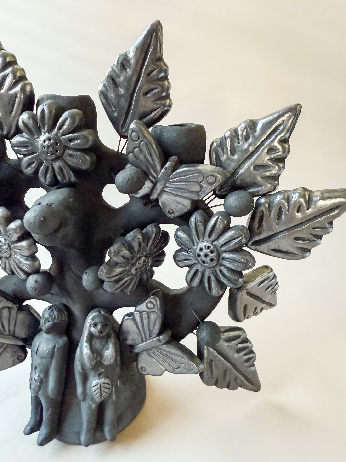 Oaxaca Black Pottery Tree Of Life Candle Holder Candelabra Arbor de la Vida Barro Negro