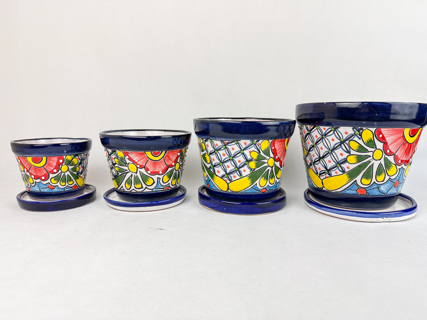 Talavera Mexican Flower Pot With Saucer Maceta Con Plato Colorful Blue