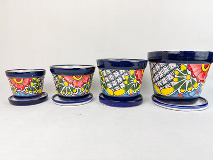 Talavera Mexican Flower Pot With Saucer Maceta Con Plato Colorful Blue