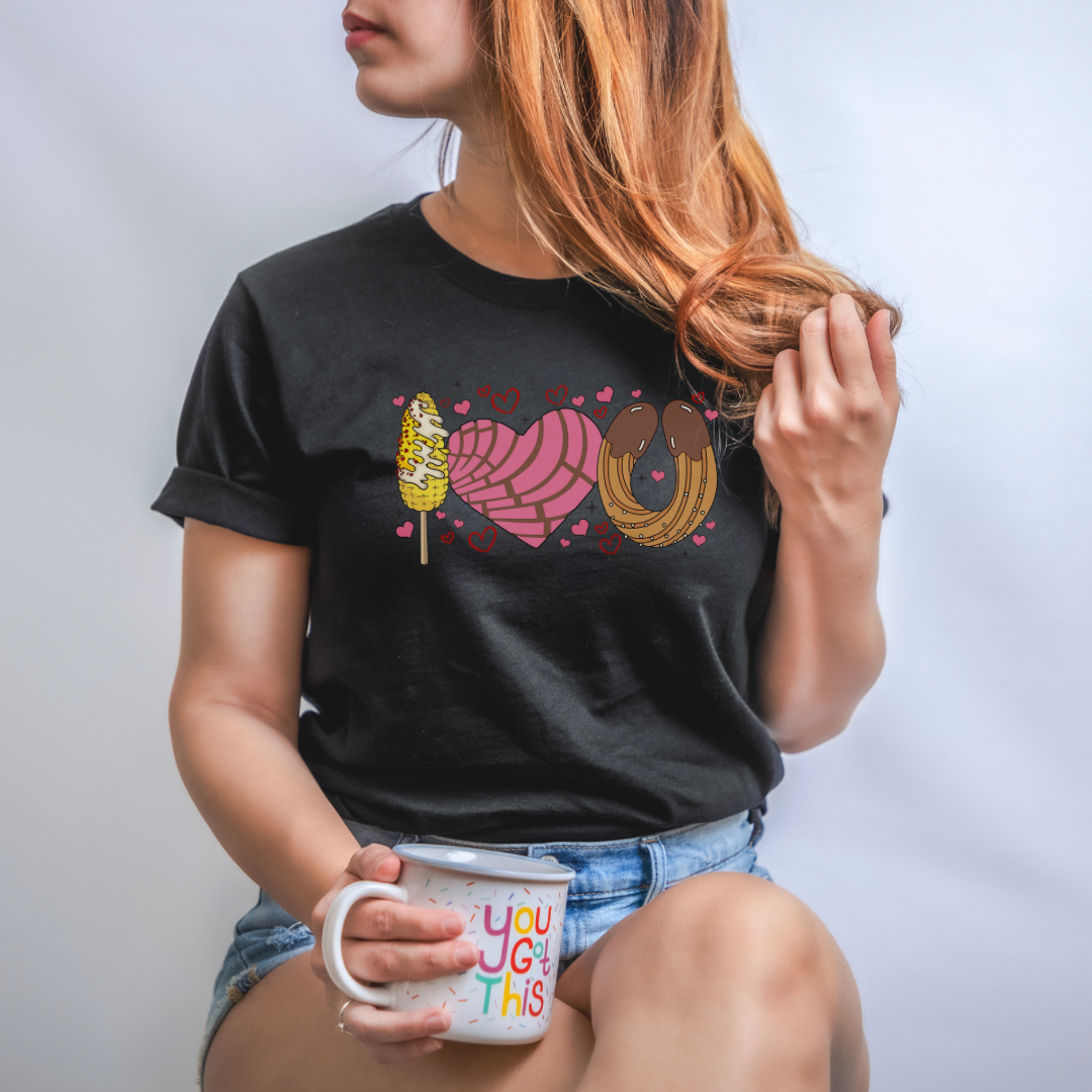I love you shirt with elote, concha y churro. Mexican Unisex Heavy Cotton Tee. Mexican Valentines Day. Pan dulce shirt.