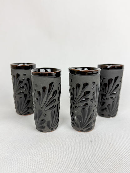 Talavera Style Black Tequila Shot Glass 4Pc - Set Tequileros