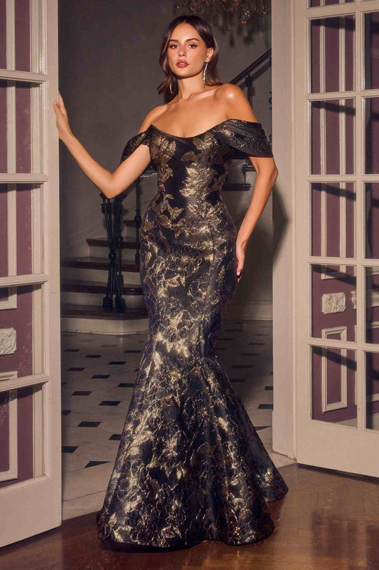 Ladivine CD640 Black/Gold Off Shoulder Fitted Mermaid Gown