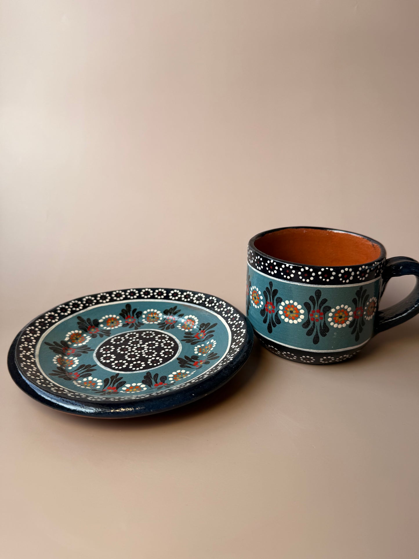 Michoacan Mexican Clay Mug and Plate Set Lead Free Clay Mug Taza