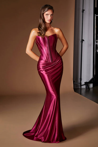 Ladivine CH2602 Strapless Corset Bodice Two Piece Fitted Luxe Satin Gown