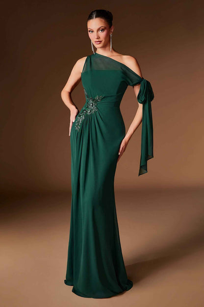Ladivine CH2612 One Shoulder Fitted Flowing Chiffon Formal Gown