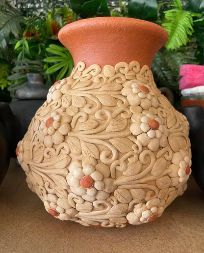 Colores Oaxaca Flower Vase Clay Embroidery 9 inches Jarron de Barro Bordado Florero De Barro