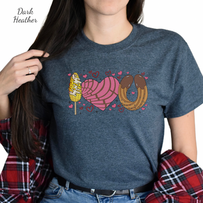 I love you shirt with elote, concha y churro. Mexican Unisex Heavy Cotton Tee. Mexican Valentines Day. Pan dulce shirt.