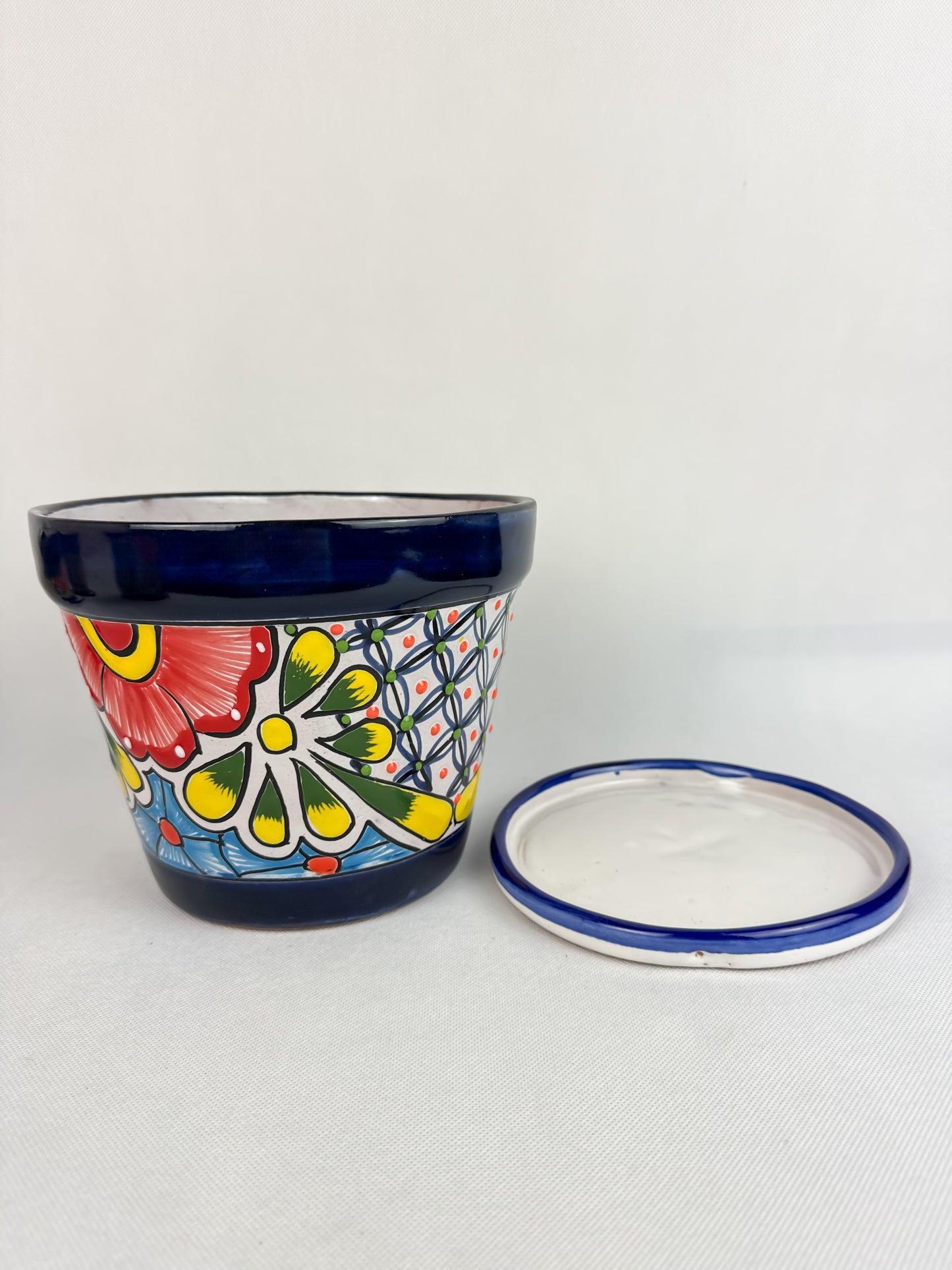 Talavera Mexican Flower Pot With Saucer Maceta Con Plato Colorful Blue