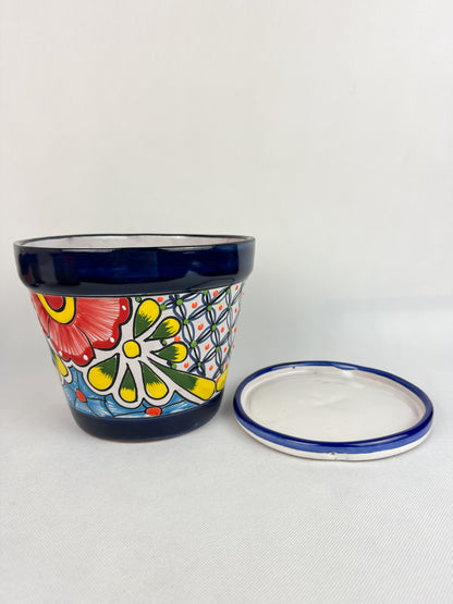 Talavera Mexican Flower Pot With Saucer Maceta Con Plato Colorful Blue