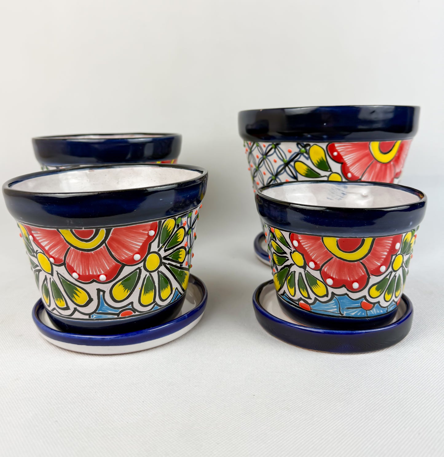 Talavera Mexican Flower Pot With Saucer Maceta Con Plato Colorful Blue