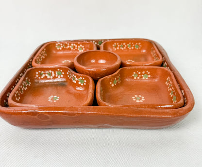 Mexican Red Clay Square 10 Inch Snack Tray 6 Piece Charola Para Botanas Salsera Botanera