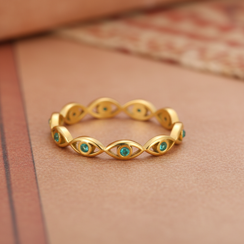 Ojo Verde Poder Ring Gold Plated - Anillo Ojo Verde