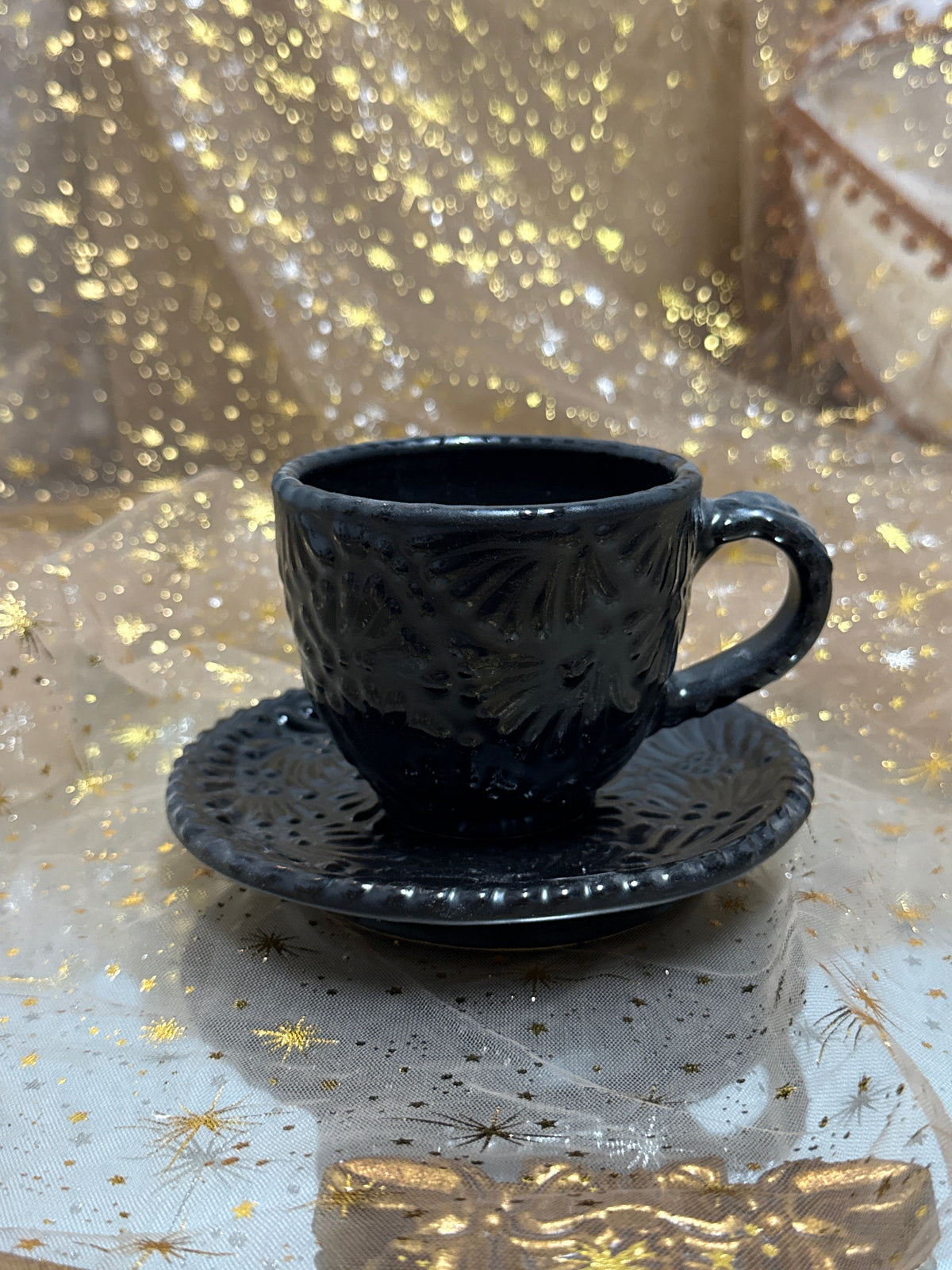 Cappuccino Talavera Mug Set All Black - Taza con Plato Negro