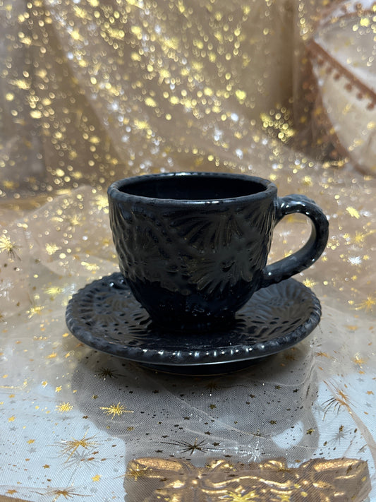 Cappuccino Talavera Mug Set All Black - Taza con Plato Negro