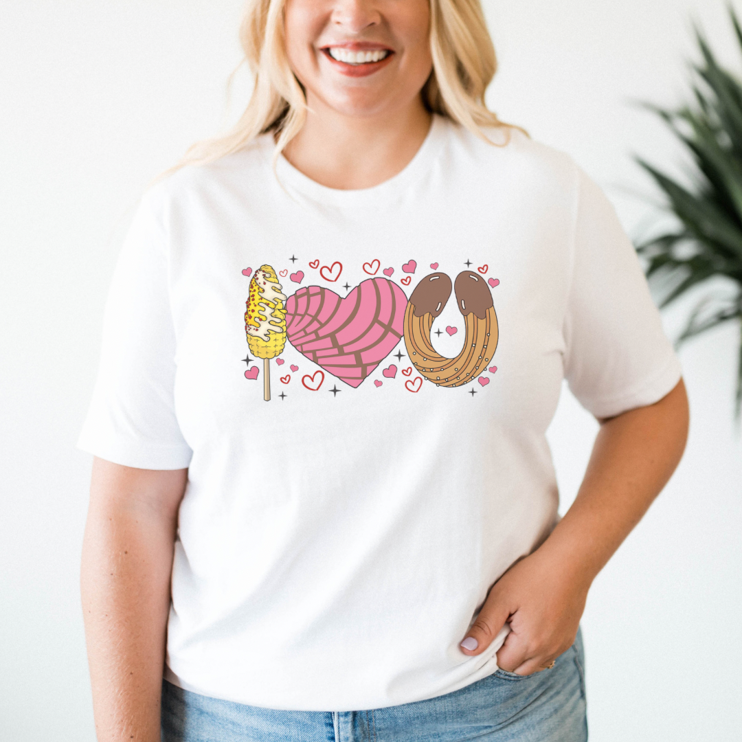 I love you shirt with elote, concha y churro. Mexican Unisex Heavy Cotton Tee. Mexican Valentines Day. Pan dulce shirt.
