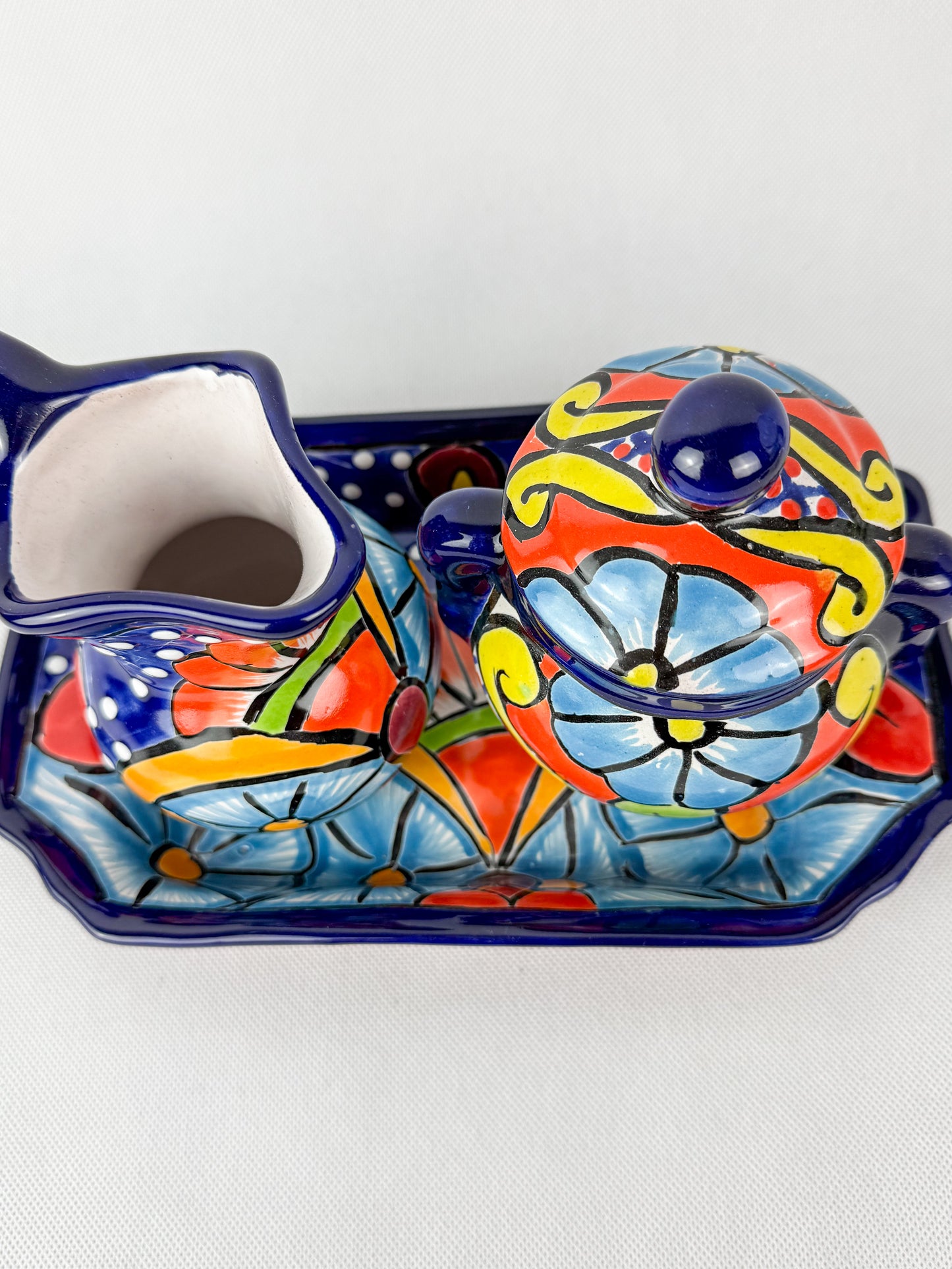 Mexican Talavera Coffee Sugar and Creamer Set With Serving Tray 3 Piece Set