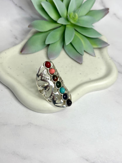 925 Sterling Silver 7 Chakra Ring – Natural Gemstones, Long Healing Ring, Anillo de plata 925 7 chakras