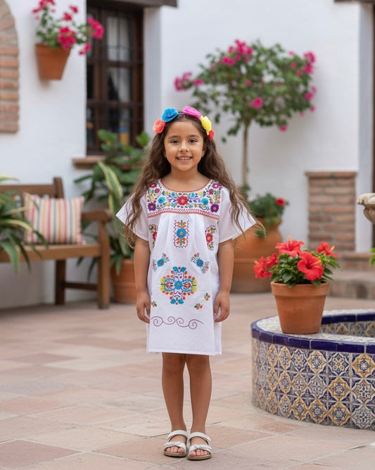 Mexican Puebla Dress for Girls White