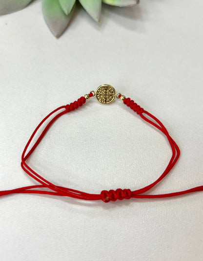 14K Solid Gold Red Cord Bracelet – Adjustable Protection Bracelet with Saint Benedict or Evil Eye