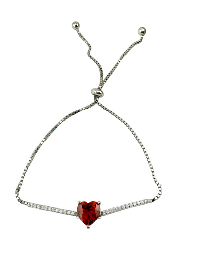 Silver Sterling 925 Adjustable Bracelet with Red CZ Heart - Pulcera Plata Corazon