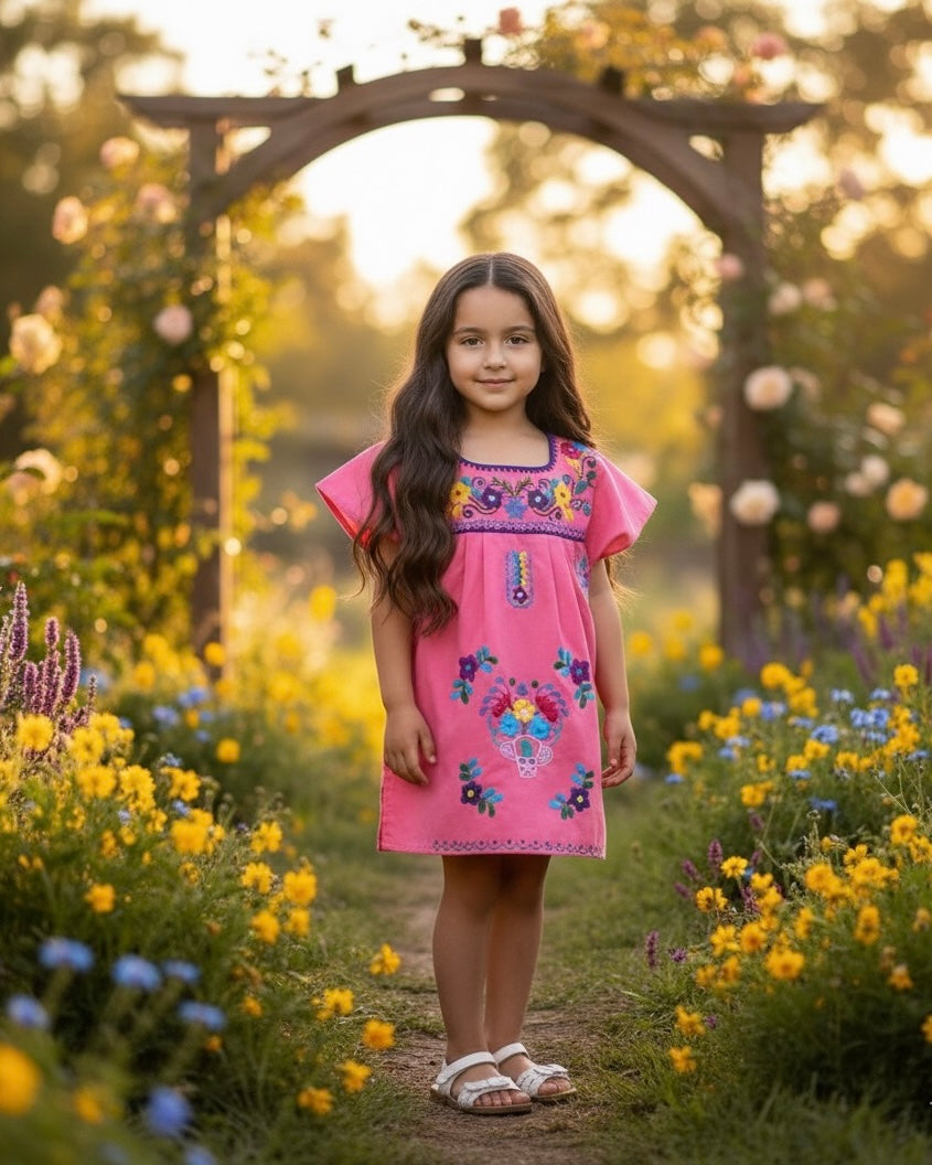 Mexican Puebla Dress for Girls Coral - Vestido Nina