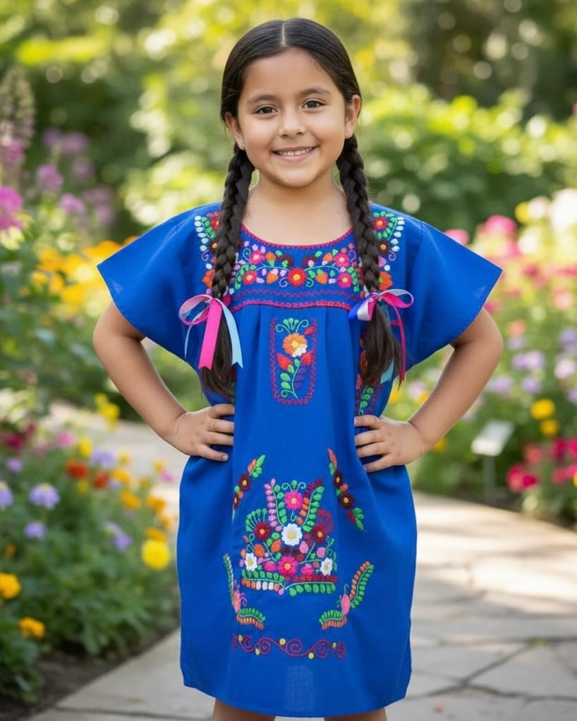 Mexican Puebla Dress for Girls Royal Blue - Vestido Nina Azul