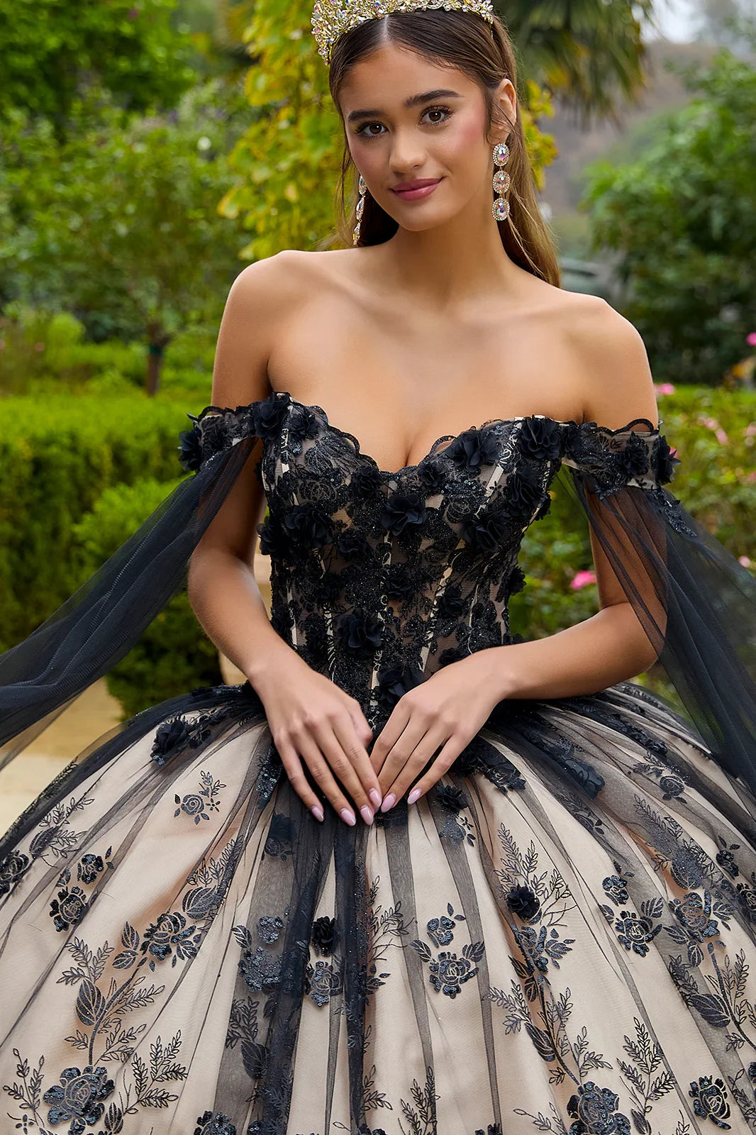 3-D Floral Applique Glitter Pattern Embellished Mesh Quinceanera Gown