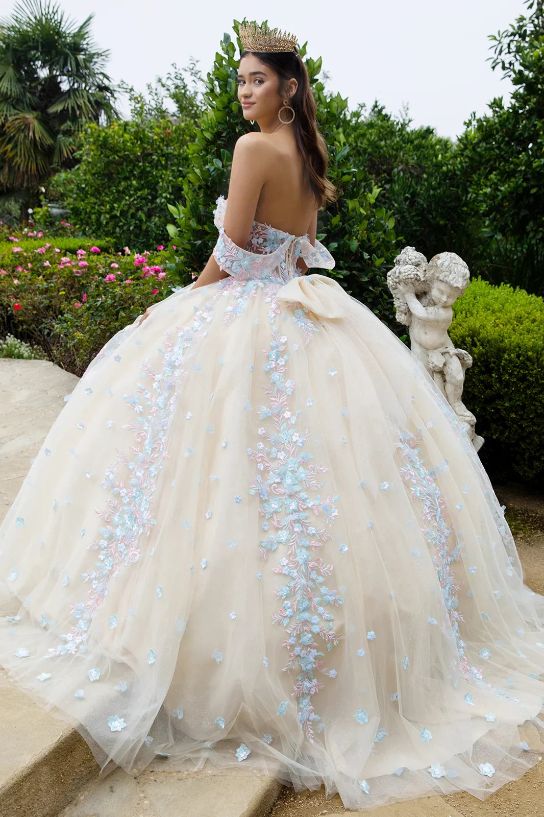 Beads Embellished Glitter Print Sweetheart Quinceanera Dress w/ detachable puff sleeve