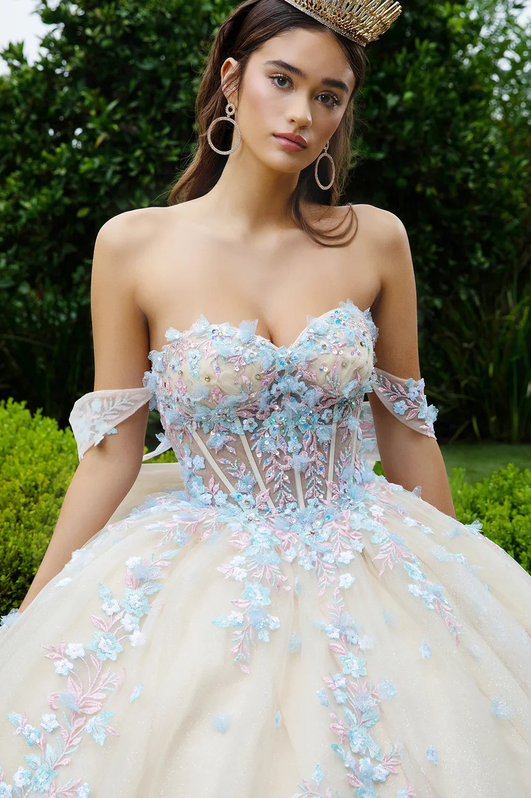 Beads Embellished Glitter Print Sweetheart Quinceanera Dress w/ detachable puff sleeve