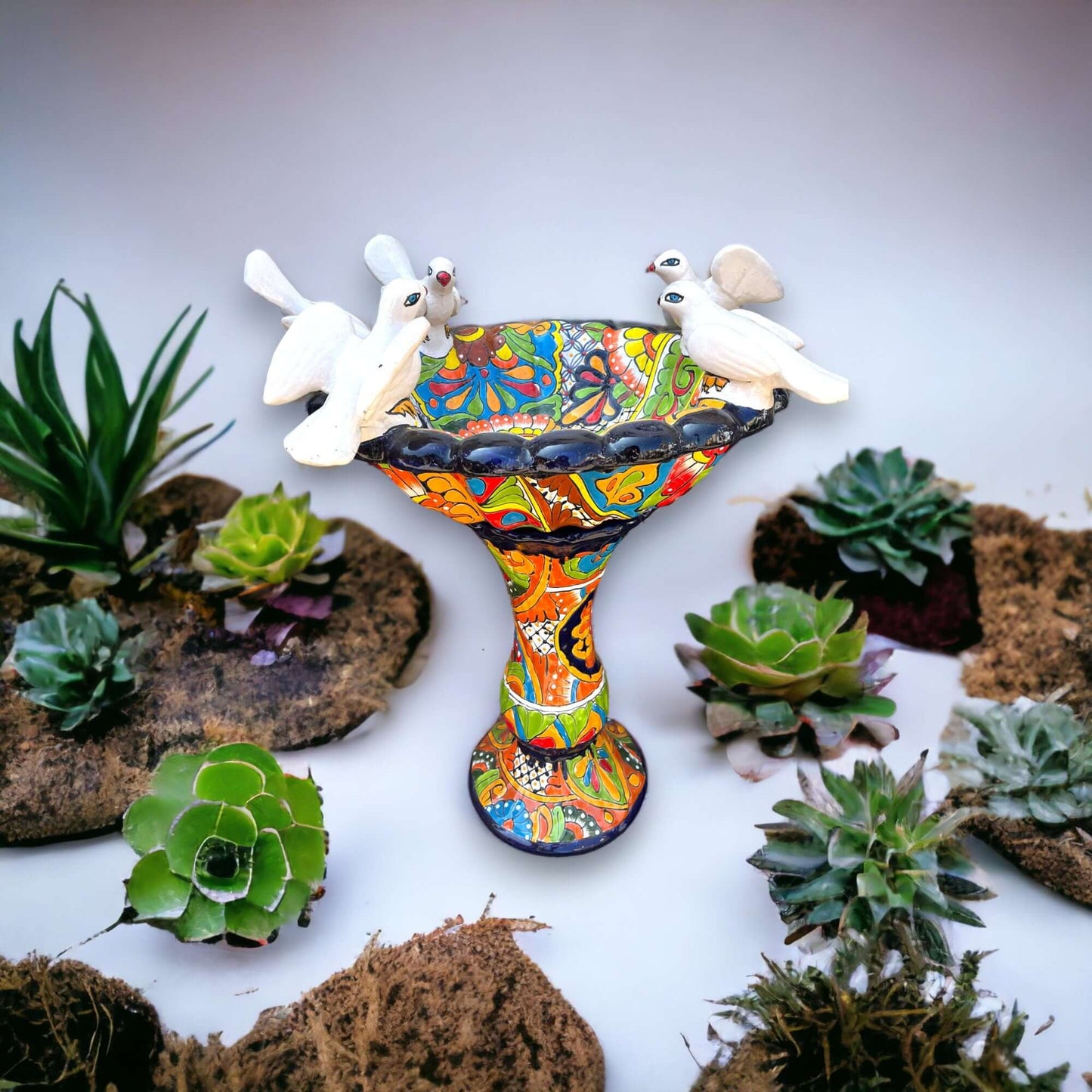 Talavera Bird Bath | Hand-Painted Mexican Pedestal Garden Art