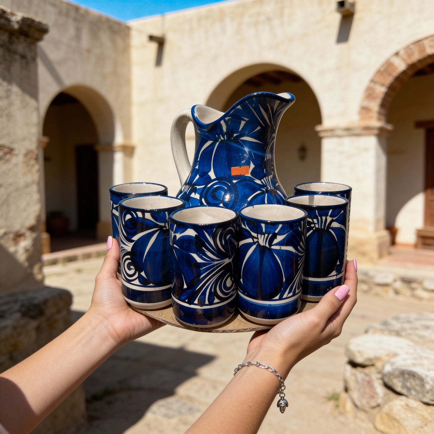 Mexican Blue Ceramic Pitcher Set - Juego Jarra Azul