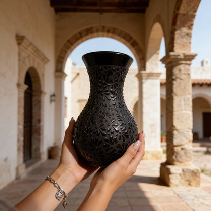 Talavera Style Black Clay Vase - Florero Negro