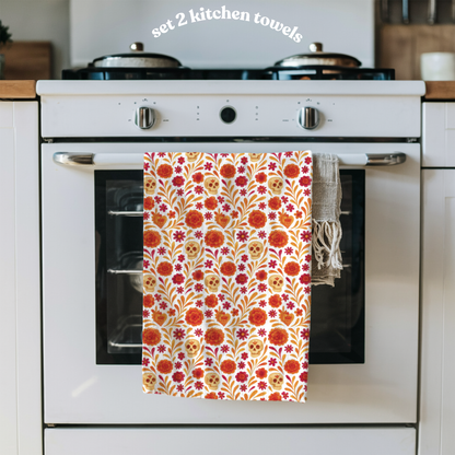 Dia de los muertos kitchenTowels – Set of 2 Cotton Towels with Talavera, cempasúchil, calaveritas Design