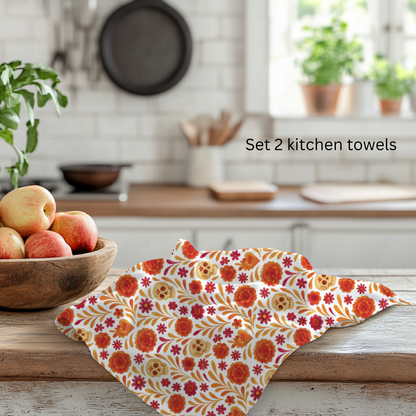 Dia de los muertos kitchenTowels – Set of 2 Cotton Towels with Talavera, cempasúchil, calaveritas Design